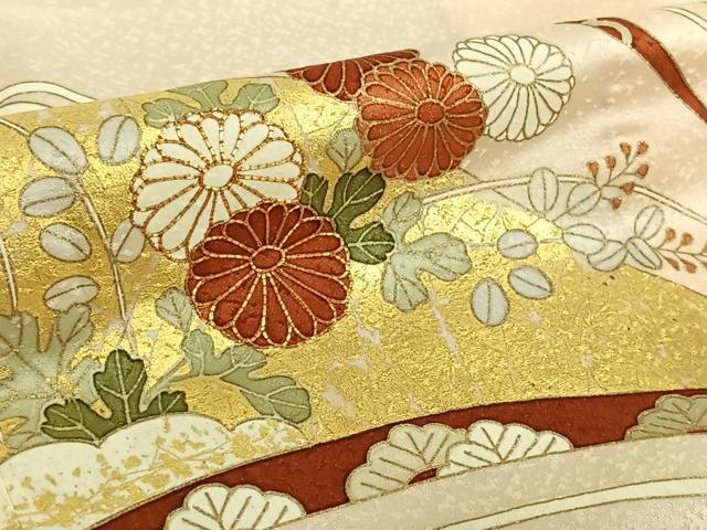 平和屋着物▽銀座きしや　訪問着　単衣　駒刺繍　草花文　金彩　正絹　逸品　AABE6891jh