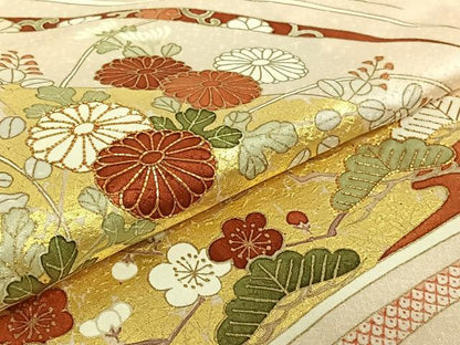 平和屋着物▽銀座きしや　訪問着　単衣　駒刺繍　草花文　金彩　正絹　逸品　AABE6891jh