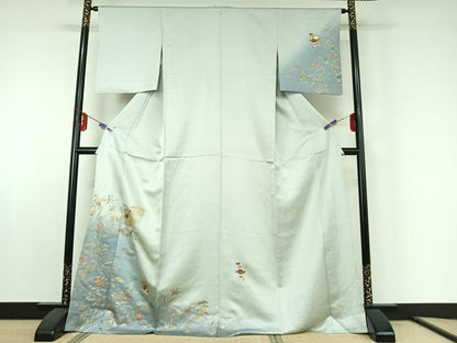 平和屋着物▽訪問着 単衣 刺繍 草花文 暈し染め 金銀彩 金糸 ロング丈 正絹 逸品 AABE6892jh