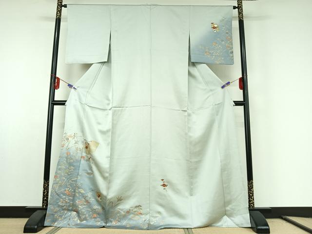 平和屋着物▽訪問着 単衣 刺繍 草花文 暈し染め 金銀彩 金糸 ロング丈 正絹 逸品 AABE6892jh