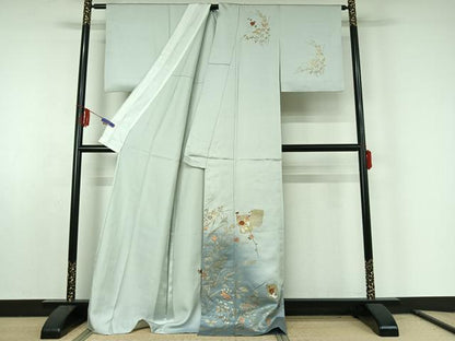 平和屋着物▽訪問着 単衣 刺繍 草花文 暈し染め 金銀彩 金糸 ロング丈 正絹 逸品 AABE6892jh