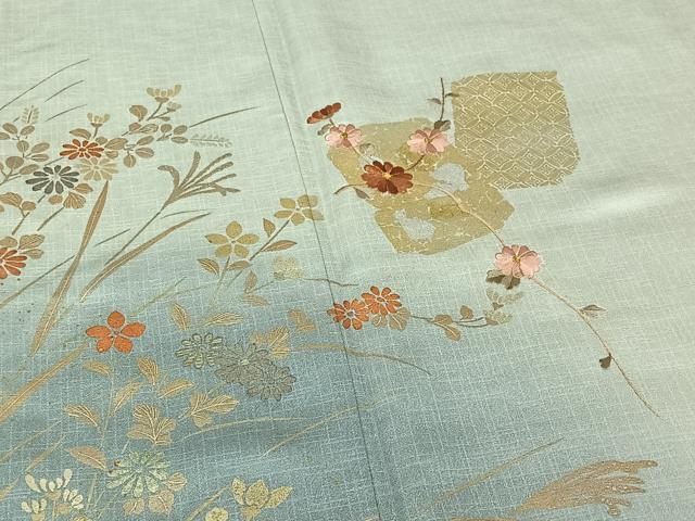 平和屋着物▽訪問着 単衣 刺繍 草花文 暈し染め 金銀彩 金糸 ロング丈 正絹 逸品 AABE6892jh