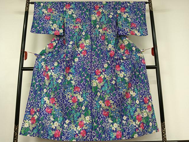 平和屋着物▽小紋 単衣 紬地 手描き 草花文 未使用 AABE6902jh