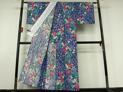 平和屋着物▽小紋 単衣 紬地 手描き 草花文 未使用 AABE6902jh