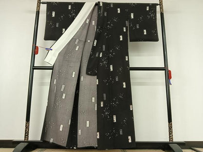 平和屋着物▽上質な小紋　単衣　草花文　鶴　正絹　逸品　AABE6907jh