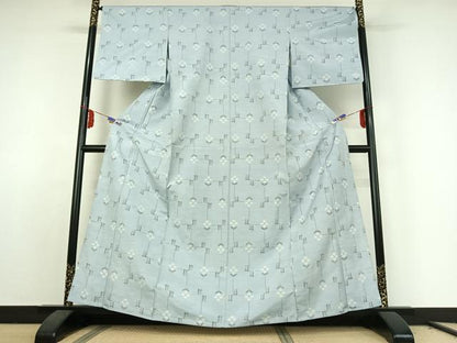 平和屋着物▽上質な紬 単衣 草花文 正絹 逸品 AABE6909jh