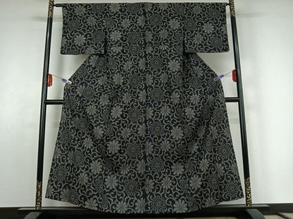 平和屋着物▽上質な紬 単衣 花唐草文 正絹 逸品 AABE6913jh