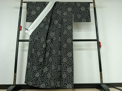 平和屋着物▽上質な紬 単衣 花唐草文 正絹 逸品 AABE6913jh