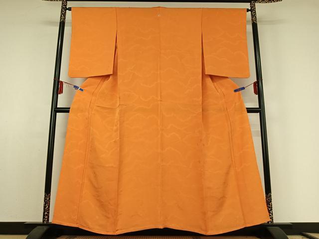 平和屋着物▽上質な色無地 単衣 雲取り花地紋 蜜柑色 正絹 逸品 AABE6915jh