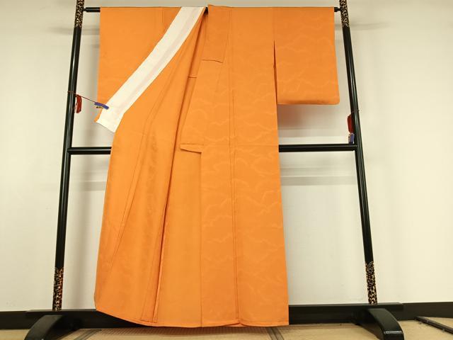 平和屋着物▽上質な色無地 単衣 雲取り花地紋 蜜柑色 正絹 逸品 AABE6915jh