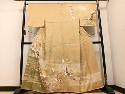 平和屋着物●訪問着 駒刺繍 松竹梅草花文 暈し染め 金彩 正絹 逸品 AABE6955ph