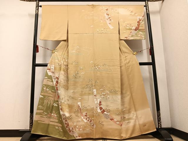 平和屋着物●訪問着 駒刺繍 松竹梅草花文 暈し染め 金彩 正絹 逸品 AABE6955ph