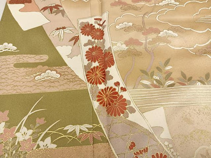 平和屋着物●訪問着 駒刺繍 松竹梅草花文 暈し染め 金彩 正絹 逸品 AABE6955ph