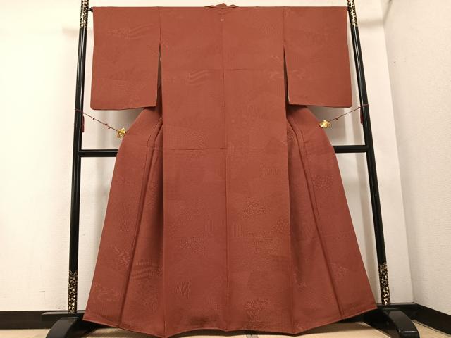 平和屋着物●上質な色無地 草花地紋 鳶色 正絹 逸品 AABE6979ph