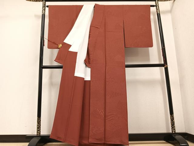 平和屋着物●上質な色無地 草花地紋 鳶色 正絹 逸品 AABE6979ph