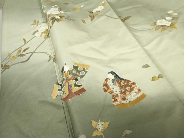 平和屋着物●訪問着　白山紬地　人物枝花文　正絹　逸品　AABE7021cs 平和屋着物○訪問着 白山紬地 人物枝花文 正絹 逸品 AABE7021cs