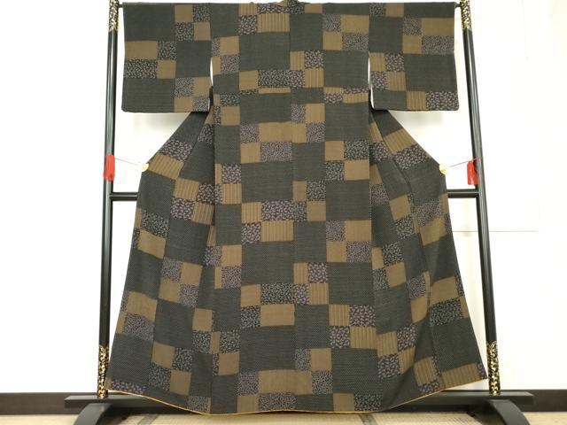 平和屋着物●上質な小紋　変り市松　黒地　正絹　逸品　AABE7031cs