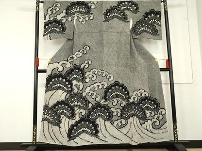 平和屋着物●本疋田絞り　訪問着　総絞り　立波松文　黒地　正絹　逸品　AABE7048cs