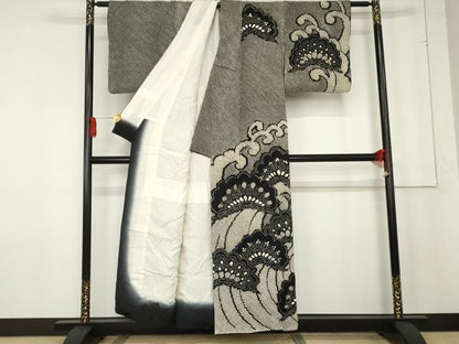平和屋着物●本疋田絞り　訪問着　総絞り　立波松文　黒地　正絹　逸品　AABE7048cs