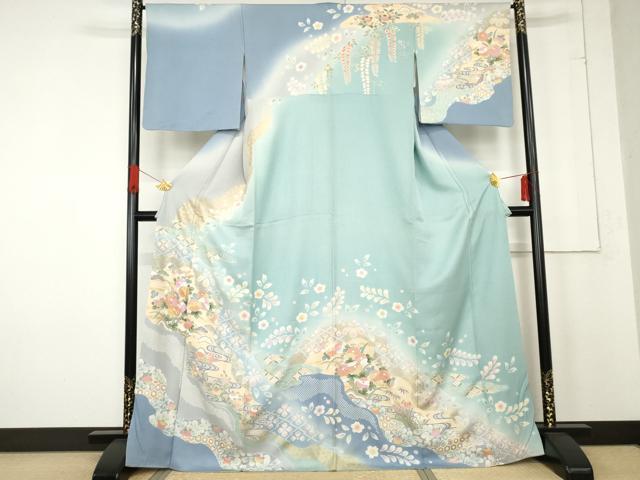 平和屋着物○訪問着 友禅 駒刺繍 鴛鴦吉祥草花文 暈し染め
