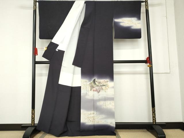 【極美品】京の名工 友禅師「樽本伊勢蔵氏作」金通し織「かるた文様」藤鼠色 平和屋着物○友禅師・京の名工・伝統工芸士・樽本伊勢蔵 訪問