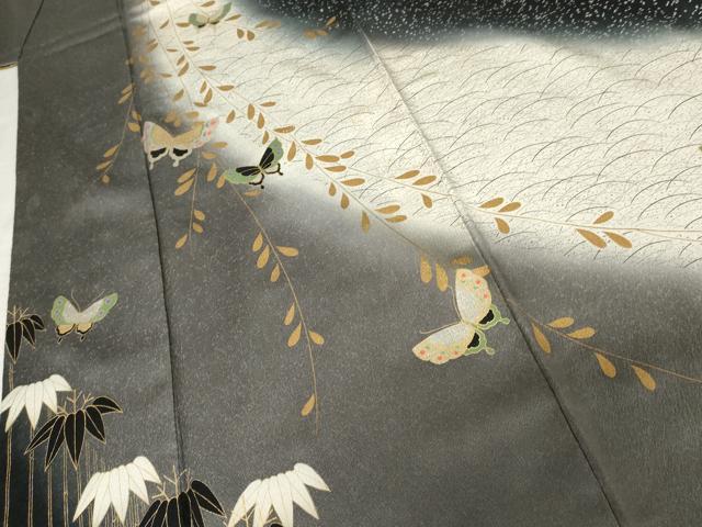 平和屋着物○訪問着 好粋 舞蝶文 暈し染め 黒地 金銀