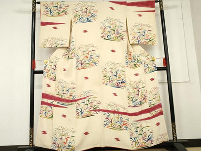 平和屋着物●型絵染の人間国宝　稲垣稔次郎　訪問着　枝葉文　鬼しぼ縮緬　正絹　逸品　AABE7084cs