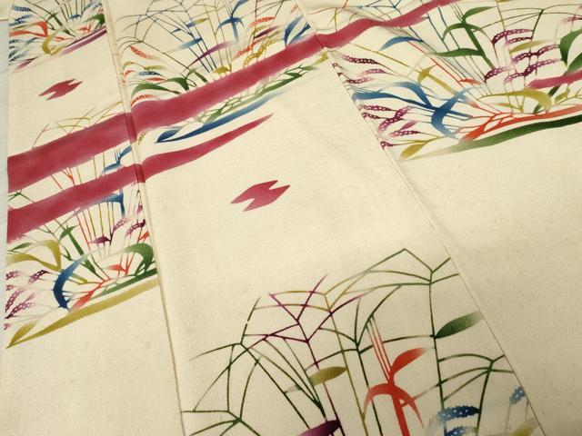 平和屋着物●型絵染の人間国宝　稲垣稔次郎　訪問着　枝葉文　鬼しぼ縮緬　正絹　逸品　AABE7084cs
