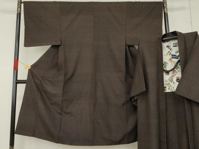 平和屋着物●男性　紬　アンサンブル　格子　正絹　逸品　AABE7085cs