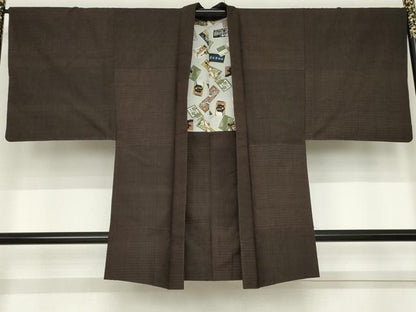 平和屋着物●男性　紬　アンサンブル　格子　正絹　逸品　AABE7085cs