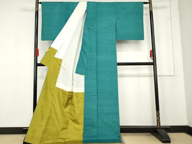 平和屋着物○紅花紬 米沢 新田秀次 色無地 青緑色 ロング丈