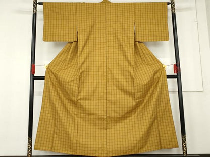 平和屋着物●山下八百子　本場黄八丈　紬　市松綾織　格子　正絹　逸品　AABE7095cs