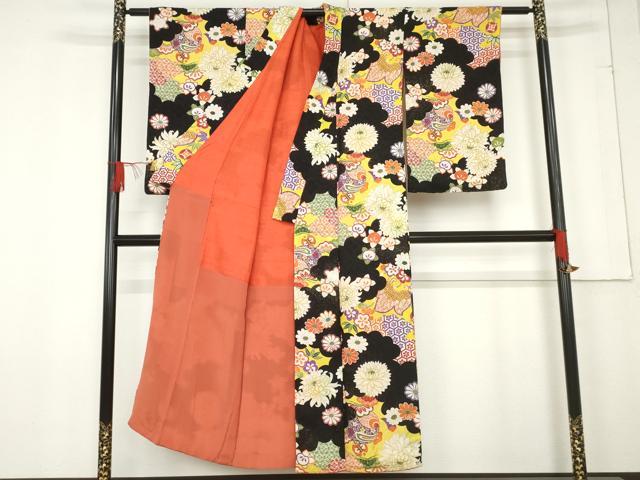 平和屋着物○アンティーク 大正ロマン 小紋 吉祥草花文 黒地 金彩 正絹
