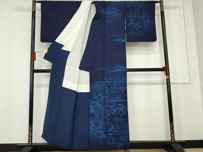 平和屋着物●訪問着　本藍　浜松風景文　正絹　逸品　AABE7120cs