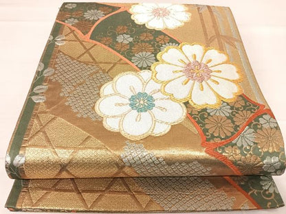 平和屋着物◎六通柄袋帯　笹竹花文　金銀糸　正絹　逸品　AABE7124yx