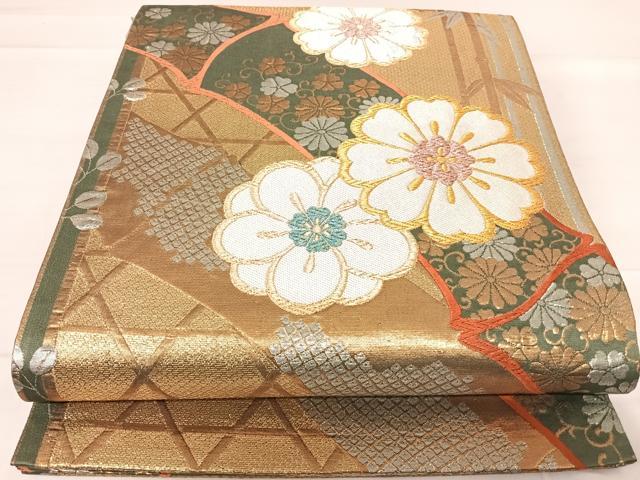 平和屋着物◎六通柄袋帯　笹竹花文　金銀糸　正絹　逸品　AABE7124yx