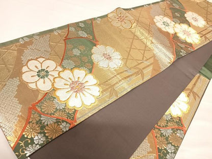 平和屋着物◎六通柄袋帯　笹竹花文　金銀糸　正絹　逸品　AABE7124yx