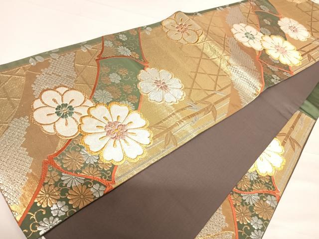 平和屋着物◎六通柄袋帯　笹竹花文　金銀糸　正絹　逸品　AABE7124yx