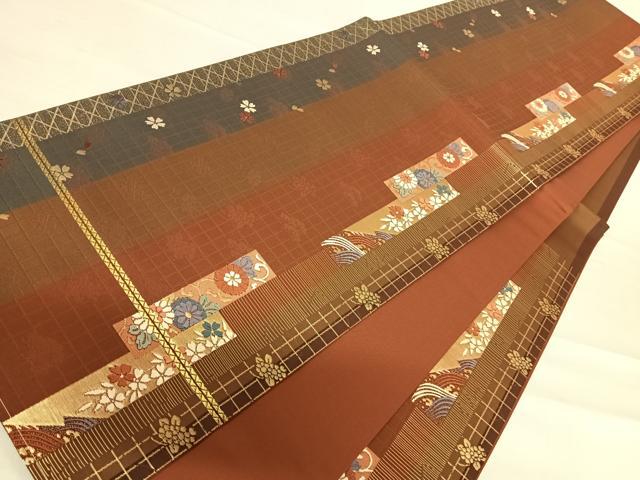 平和屋着物◎六通柄袋帯　唐織　花短冊文　金糸　正絹　逸品　AABE7125yx