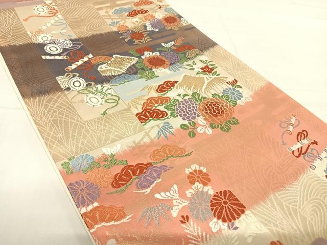 平和屋着物◎六通柄袋帯　唐織　色紙草花文　金糸　正絹　逸品　AABE7126yx