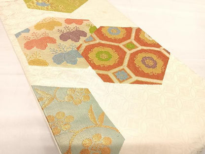 平和屋着物◎六通柄袋帯　亀甲花文　金糸　正絹　逸品　AABE7131yx