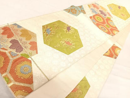 平和屋着物◎六通柄袋帯　亀甲花文　金糸　正絹　逸品　AABE7131yx
