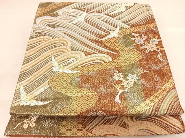 平和屋着物◎六通柄袋帯　飛鶴立波文　金銀糸　正絹　逸品　AABE7132yx