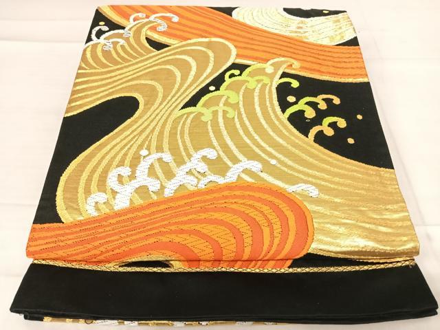 平和屋着物◎六通柄袋帯　唐織　立波文　黒地　金銀糸　正絹　逸品　AABE7138yx