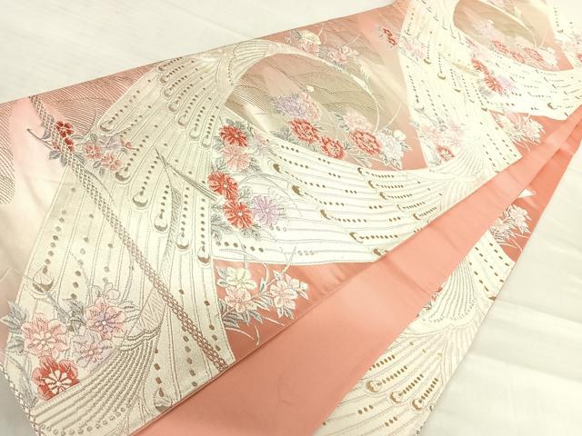 平和屋着物◎六通柄袋帯　唐織　孔雀花文　金銀糸　正絹　逸品　AABE7139yx