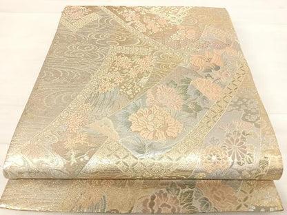 平和屋着物◎六通柄袋帯　短冊花文　金銀糸　正絹　逸品　AABE7142yx
