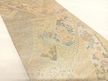 平和屋着物◎六通柄袋帯　短冊花文　金銀糸　正絹　逸品　AABE7142yx