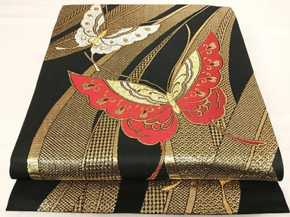 平和屋着物◎全通柄袋帯　舞蝶文　黒地　金銀糸　正絹　逸品　AABE7143yx