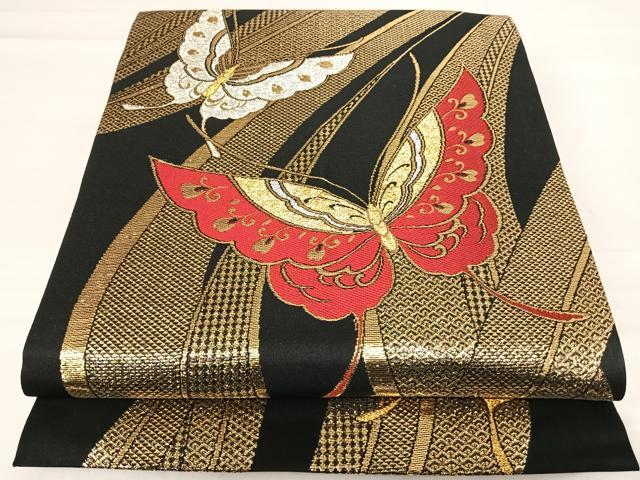 平和屋着物◎全通柄袋帯　舞蝶文　黒地　金銀糸　正絹　逸品　AABE7143yx