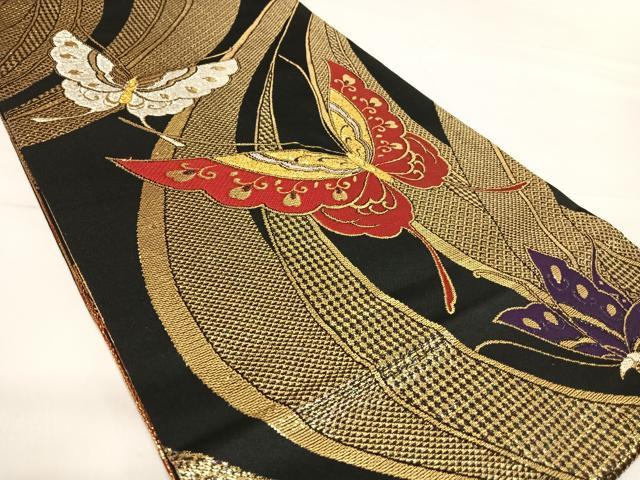平和屋着物◎全通柄袋帯　舞蝶文　黒地　金銀糸　正絹　逸品　AABE7143yx